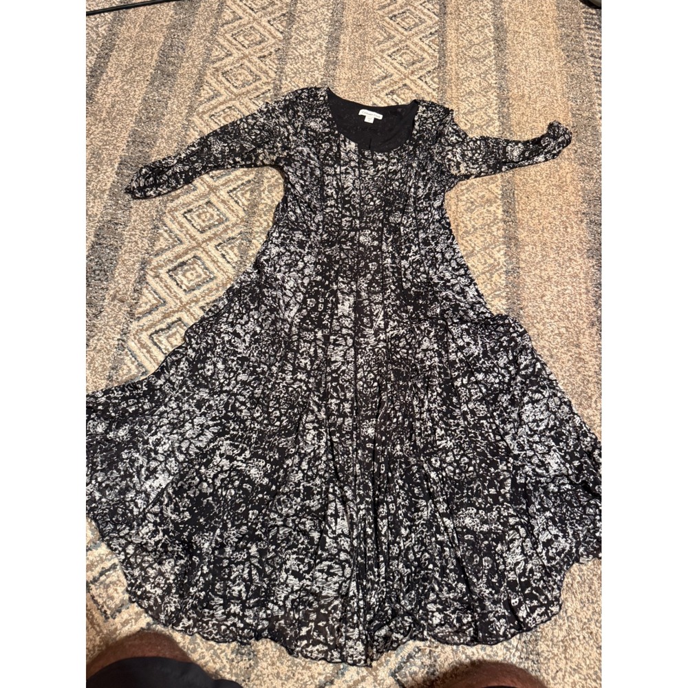 Coldwater Creek Black White Abstract Print Midi Dress Long Sleeve Size 14